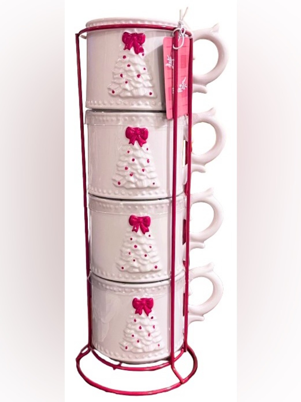 🆕-Set/4 Christmas Tree stackable mugs with a red bow topper and a matching Caddy